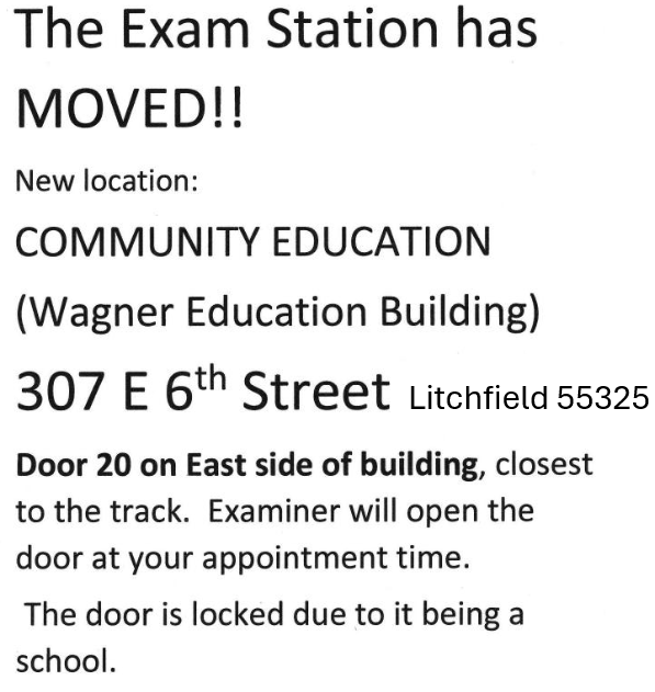 The Litchfield Exam Station for written & road tests, and reinstatement fees has changed locations. See above for details.